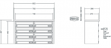 RENZ Briefkastenanlage Aufputz, Tetro, Edelstahl V4A, Kastenformat 370x110x270mm, 8-teilig